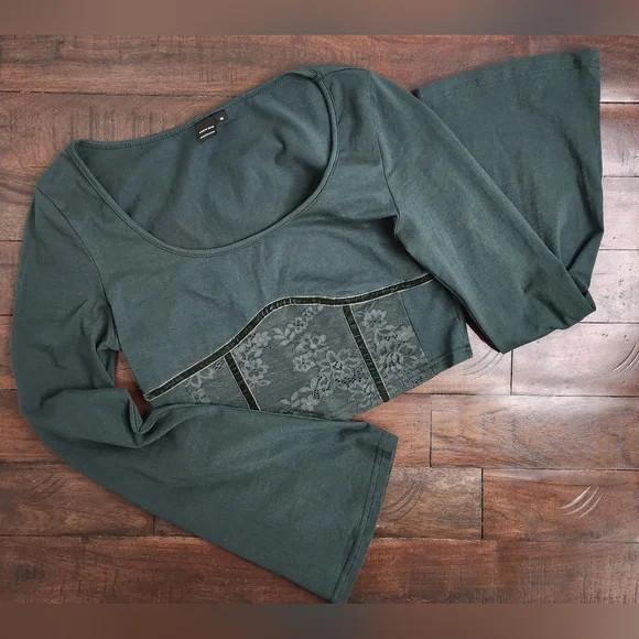 Forest Green Fairycore Bell Sleeve Velvet Trim Cropped Top Medium Whimsigoth - Picture 10 of 12